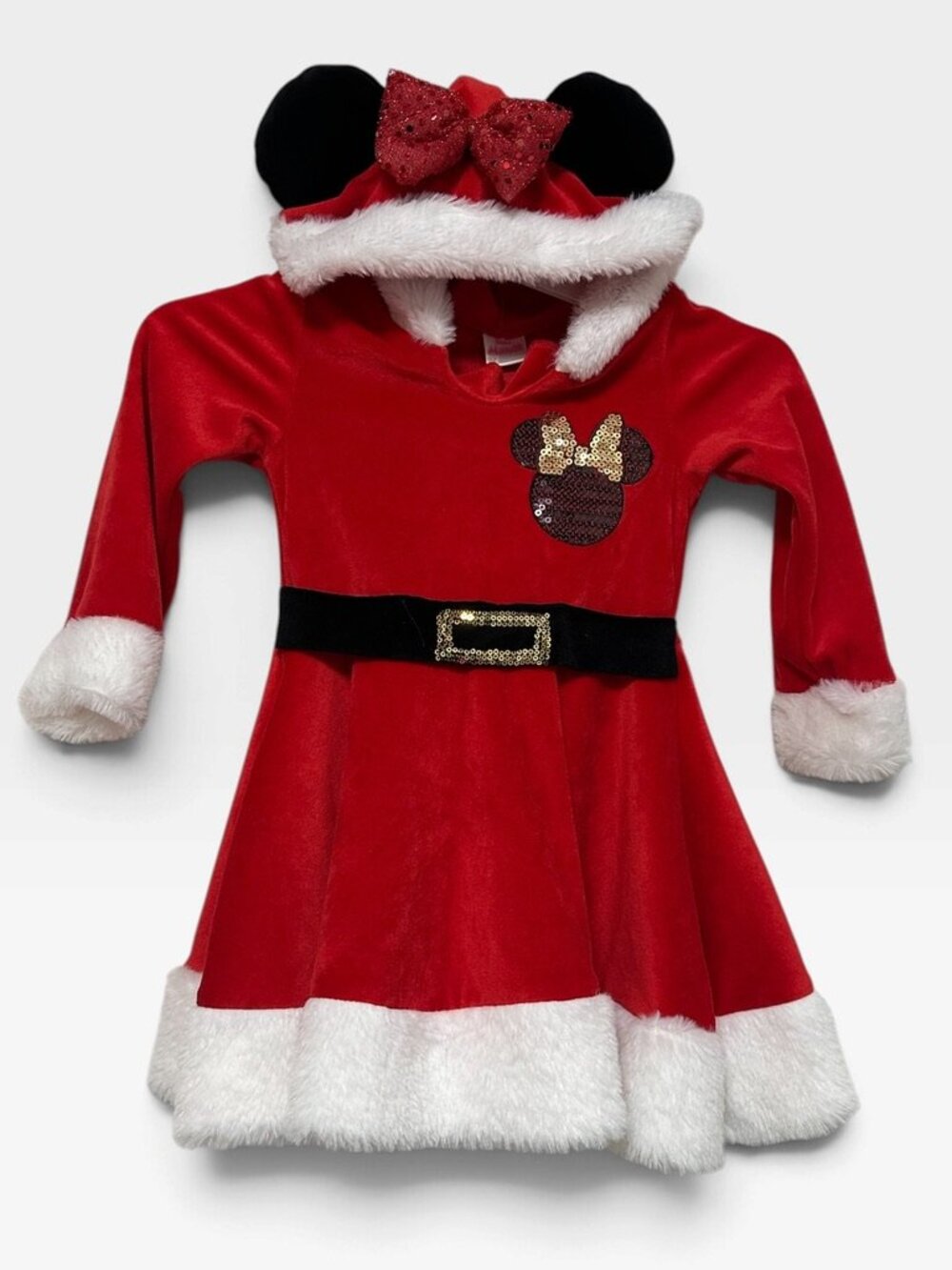 Disney Minnie Mouse Santa Hooded Dress 3T Red Sequin Christmas Holiday NWT
